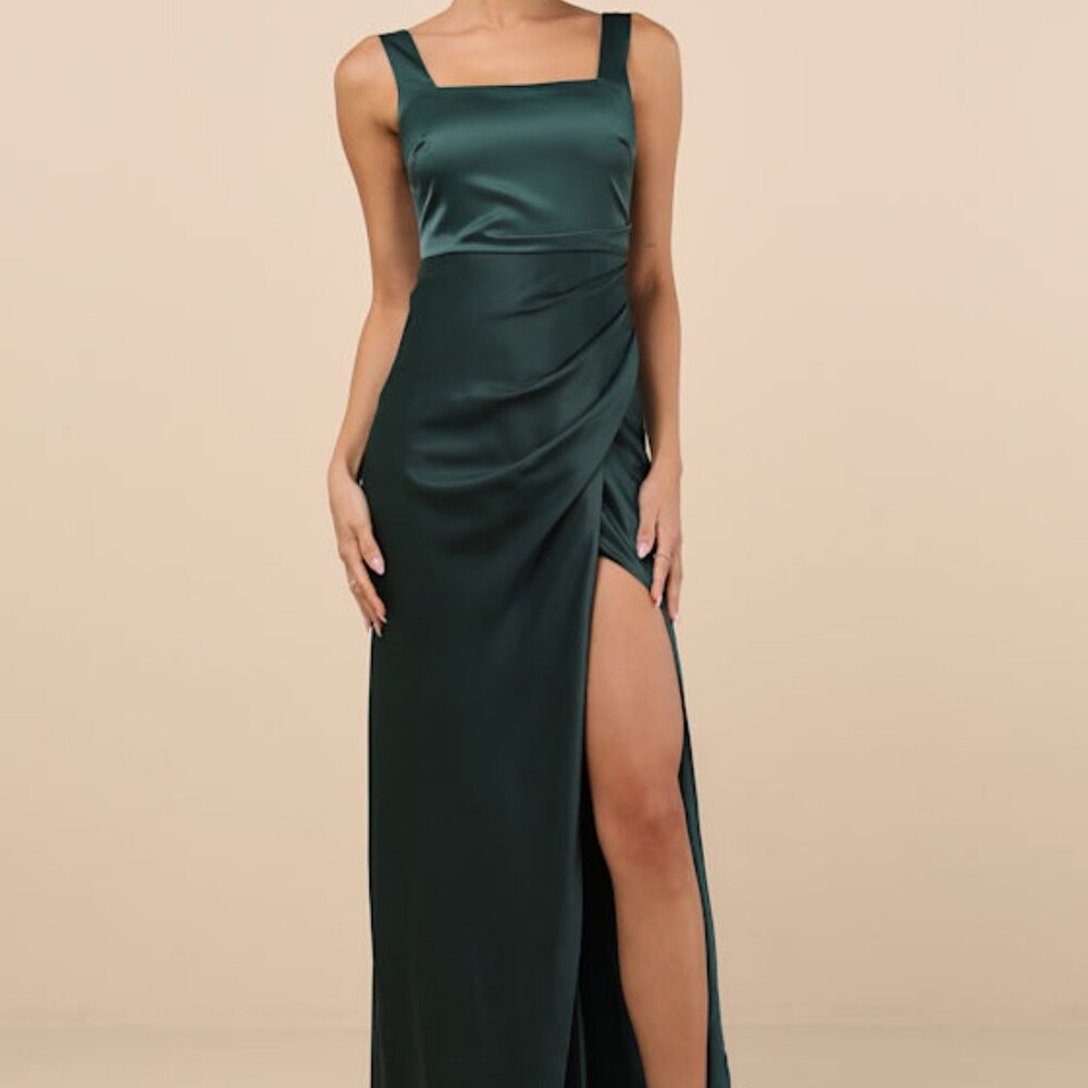 Lulus Red Carpet Romance Emerald Green Satin Square Neck Maxi Dress - Size M